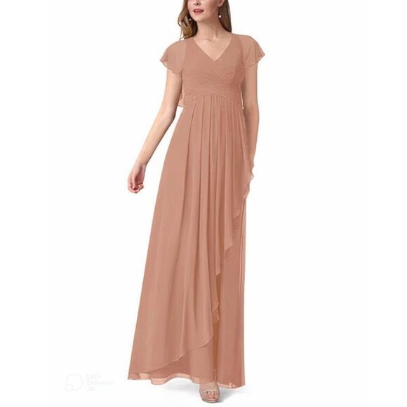 Azazie Asymmetric Chiffon Maxi Dress Prom Bridesmaid Champaigne Rose Size 10 - Picture 1 of 5